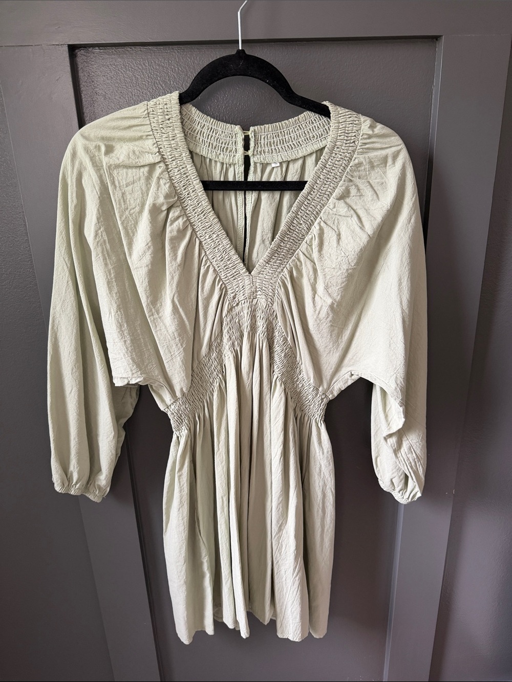 Mini Dress with Smocked V-Neck in Light Sage